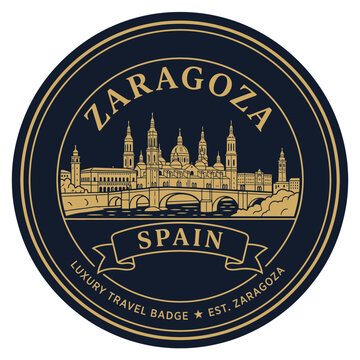 Zaragoza Spain luxury travel badge emblem featuring city skyline vector illustration