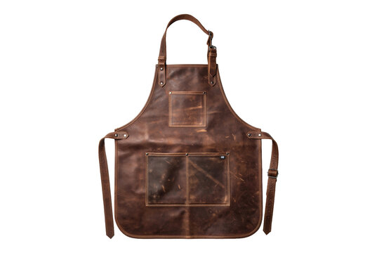 professional brown leather bbq apron with pockets isolated on white