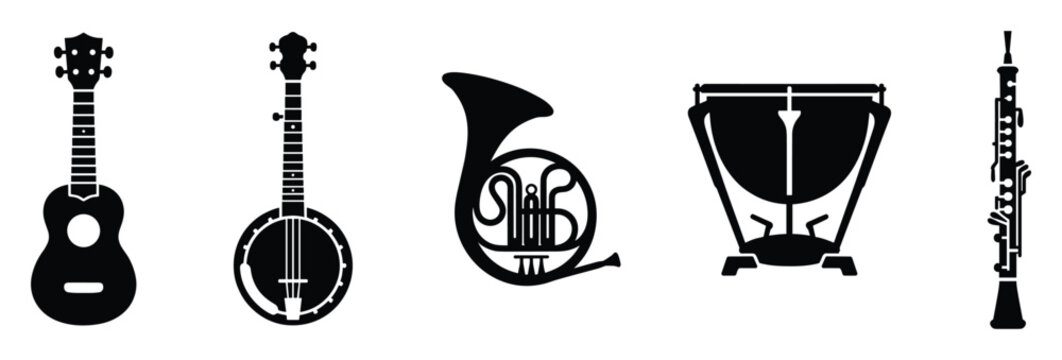 A diverse collection of musical instruments including a ukulele, banjo, french horn, timpani, and oboe, suitable for music education and cultural event promotions