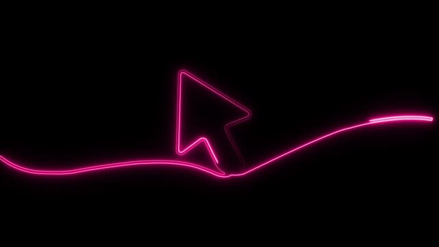 A vibrant pink neon glowing continuous line-drawing of a computer cursor on a dark black background.