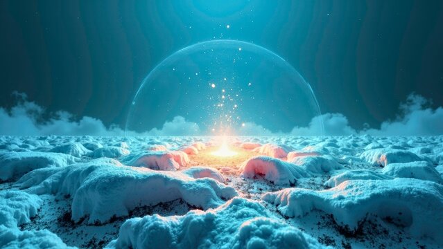 Snowy landscape with glowing light under glass dome