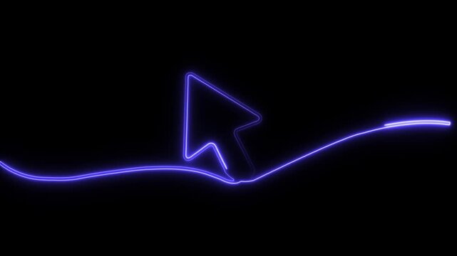 A vibrant pink neon glowing continuous line-drawing of a computer cursor on a dark black background.