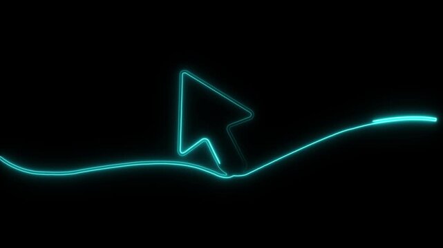 A vibrant pink neon glowing continuous line-drawing of a computer cursor on a dark black background.