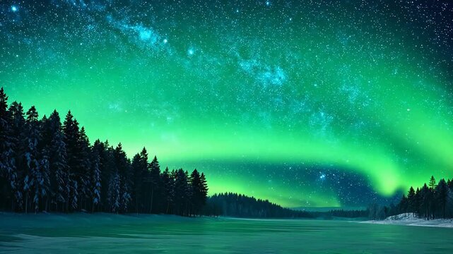 Night sky with northern lights and snowy forest