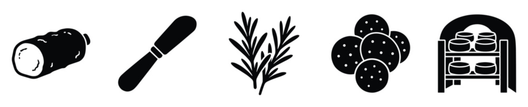 Cooking and food icons depicting a butter stick, a spreading tool, herb branches, cured meat slices, and aged cheese rounds on a rack, suitable for menu design and culinary content.