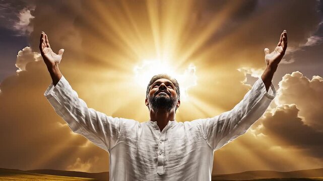 God in the clouds with bright light sky concept. Spiritual man in white robe praising with arms raised under radiant sunset sky with dramatic clouds