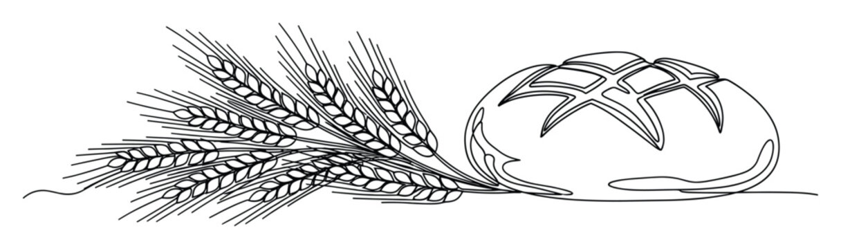 Minimalist continuous line drawing depicting golden wheat stalks alongside a freshly baked artisan bread loaf, ideal for food branding, restaurant menus, or farmtotable promotions.