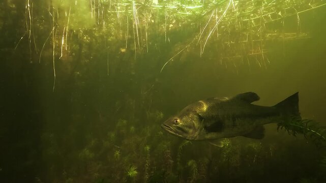 Underwater view of a largemouth bass Micropterus salmoides swimming sheltered within a garden of aquatic plants in shallow freshwater habitat