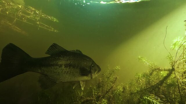 Ultra slow motion of a golden largemouth bass Micropterus salmoides, highlighting shimmering body tones and detailed large tail movement in shallow freshwater habitat