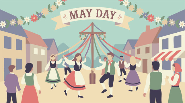 May Day celebration, traditional folk dance around maypole with ribbons