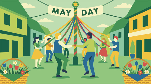 Flat illustration of May Day celebration with people dancing around a maypole