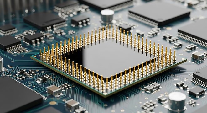 Macro shot of a central processing unit (CPU) on a circuit board, pins golden