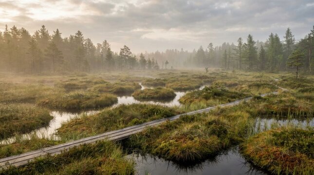 Sunlit boardwalk crossing a northern mire of pools, sedges, and scattered pines, presenting peatland refuge dynamics, hydrological balance, and careful low-impact access for ecosystem study