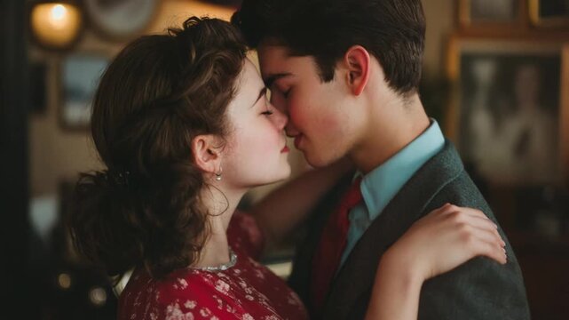 Affectionate teenage couple in retro outfits sharing a tender moment, hugging and kissing indoors
