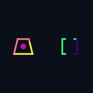 Abstract colorful corporate tech icons featuring a conic section and bracket pair on dark illustration
