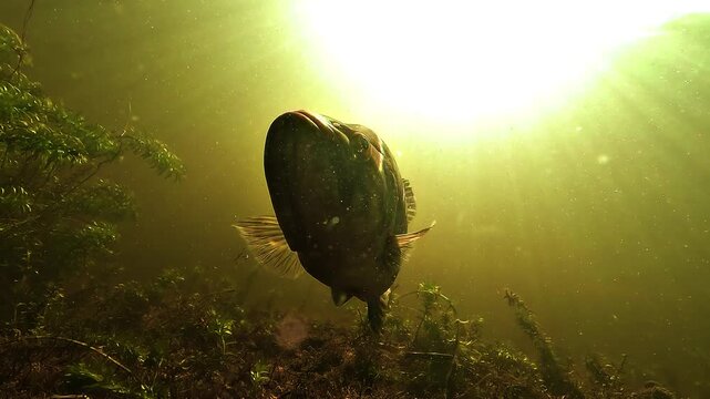 Low angle view under a black bass Micropterus salmoides above its nest, with golden sun rays and graceful fin movement in shallow freshwater habitat