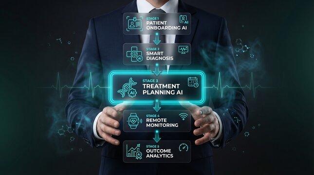 A businessman in a suit presenting a futuristic treatment planning AI system with various medical icons and graphics floating around him.