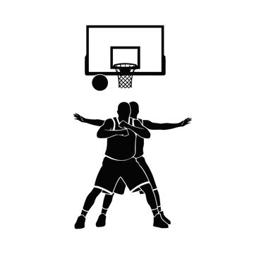 Basketball players engage in a defensive maneuver beneath the hoop during a competitive team match.