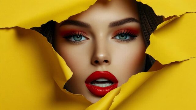 Glamorous woman with red lipstick and eyeshadow looking through a hole in yellow paper background
