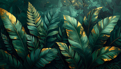 Fototapeta premium Emerald Ferns %26 Gold- Dark green tropical leaves with subtle gold-painted edges