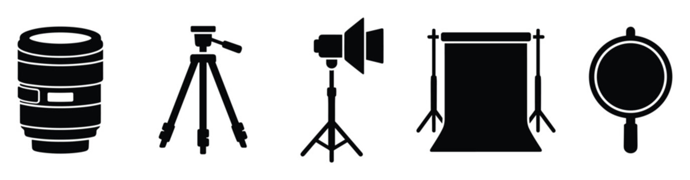 Photography studio equipment icons set featuring a camera lens, tripod, strobe light, backdrop, and reflector, ideal for graphic design resources and professional creative projects