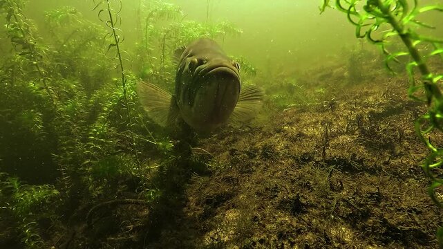 Underwater view of a largemouth bass Micropterus salmoides rising into a vertical posture to intimidate an intruder threatening its eggs, showing defensive spawning behavior in shallow freshwater.