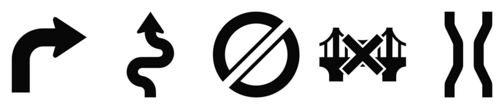 Variety of vector symbols for navigation and warnings, featuring a curved turn arrow, winding path, prohibition sign, closed bridge, and wavy river lines, suitable for map interfaces and