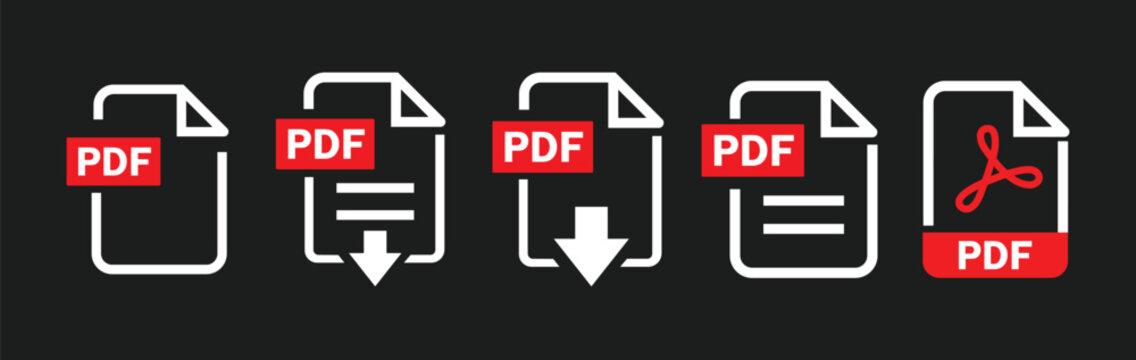 PDF file format icons set. PDF file download symbols. Format for texts, images, vector 