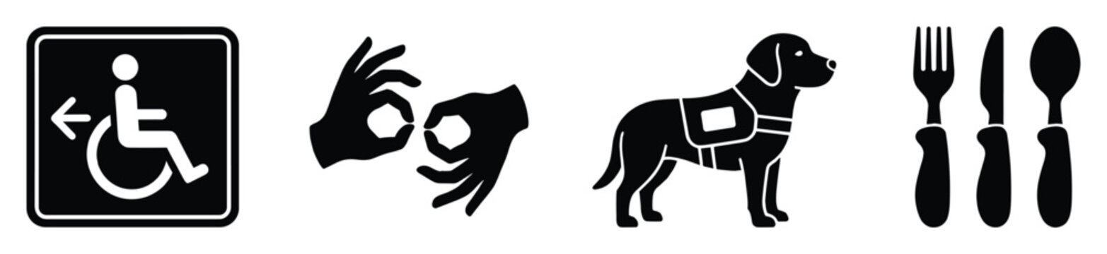 Essential universal accessibility and everyday service symbols including wheelchair access, sign language communication, service animal assistance, and dining cutlery icons for public