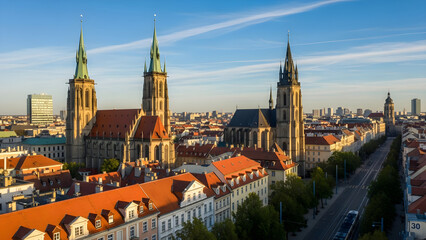 Fototapeta premium Aerial view of a cityscape with historic buildings and architecture under a blue sky