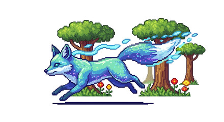 Fototapeta premium Pixel Art Blue Fox Running Through Forest.
