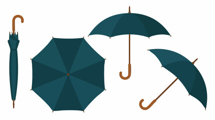 Set of dark teal umbrellas, open and closed, with brown curved handles © Tahphoto