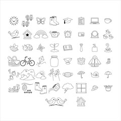 Fototapeta premium A comprehensive collection of simple line art icons depicting various objects, nature elements, and daily life items for graphic design.