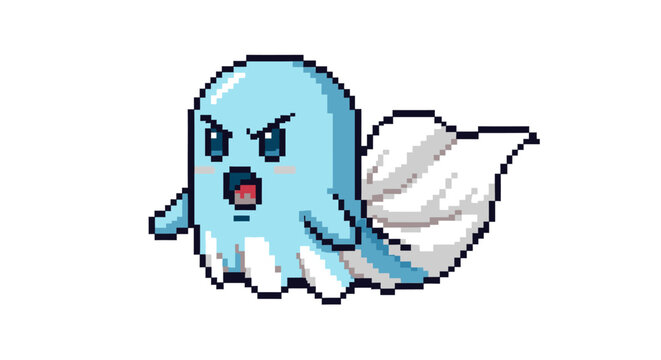 Pixel Art Ghost Character with Angry Expression.