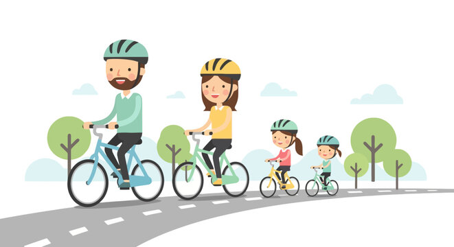 Family Riding Bicycles Together Outdoors.