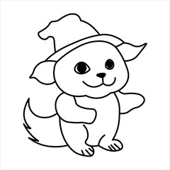 Fototapeta premium A cute cartoon puppy wearing a witch hat, black and white line art drawing for coloring.