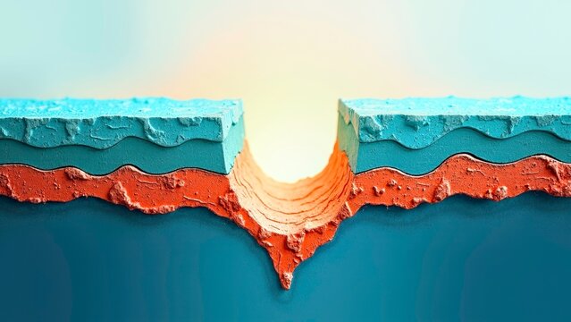 Conceptual cross section showing geological layers split apart with br
