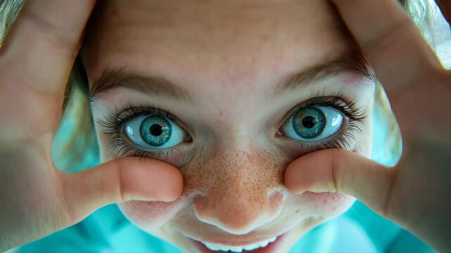 Extreme close-up of a playful young girl with freckles making funny faces and grimacing at camera