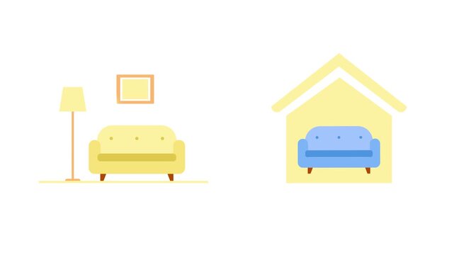 Minimalist Living Room Sofa Interior. Home Interior Icon concept. Full length Icon animation illustration. High quality&nbsp;4k&nbsp;footage