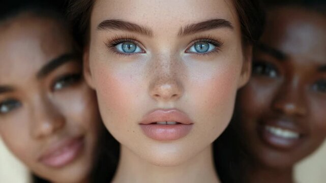 Close-up of a stunning woman opening her eyes, with two beautiful black women in the background