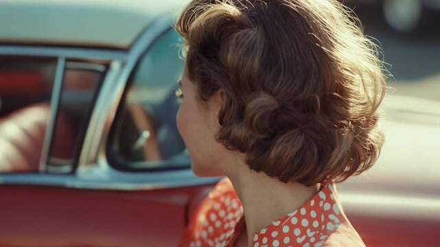 Young woman with a 1950s hairstyle and makeup smiling next to a classic american car