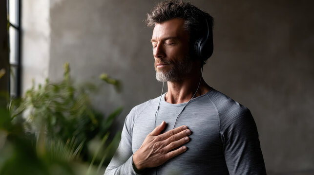 Meditation man headphone relaxation mindfulness calm indoor listening adult peaceful middle aged man stands quiet stillness with eyes closed hand chest enjoying relaxing music meditation