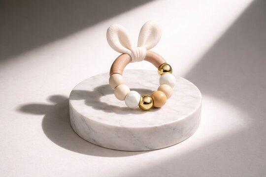 Minimal wooden baby teether with beads on marble podium