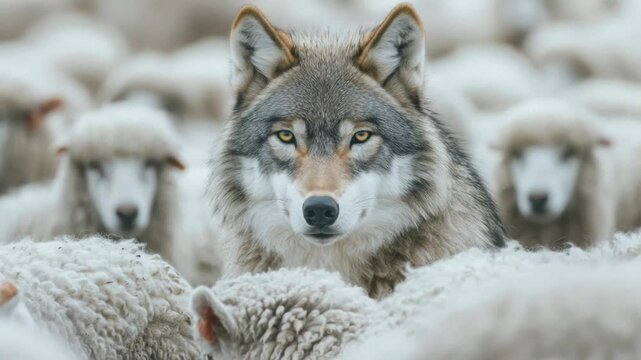 Cunning wolf with yellow eyes hidden within a flock of sheep, illustrating a powerful metaphor