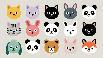Fototapeta premium Collection of cute cartoon animal faces in a grid pattern with a neutral background