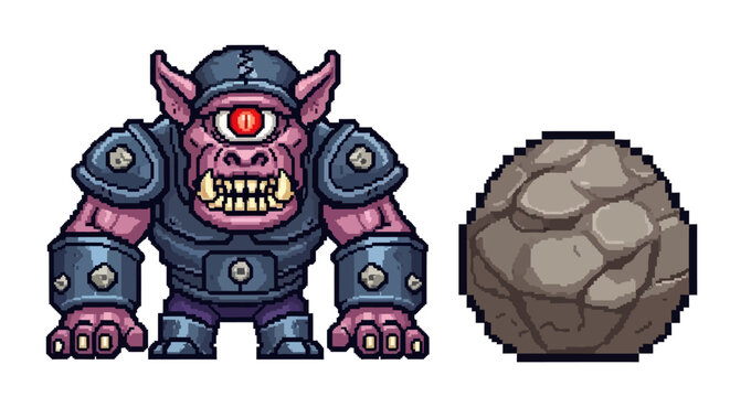 Pixel Art Cyclops Monster with Boulder Ready to Throw.