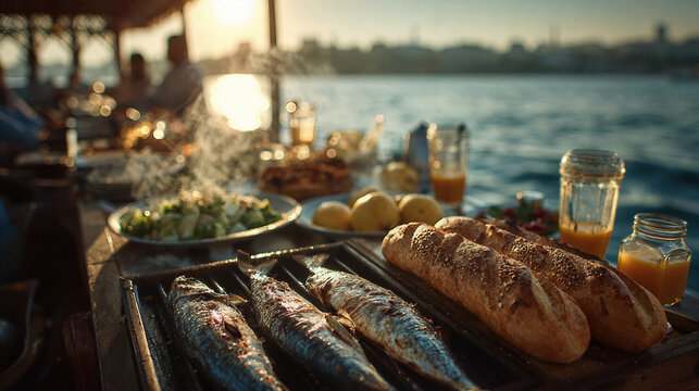 Freshly grilled mackerel and bread served on a boat at sunset