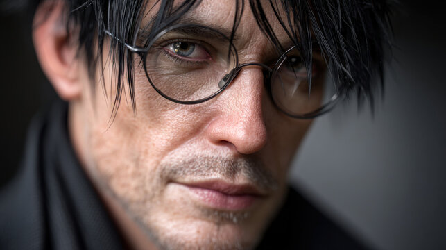 Man face portrait closeup glasses serious intense male adult expression man portrait closeup with round glasses and intense serious expression soft natural light, detailed skin texture and shallow