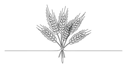 Fototapeta premium Elegant continuous line drawing portraying a rustic bundle of golden wheat ears, suitable for bakery logos, organic food packaging, and agricultural marketing collateral.