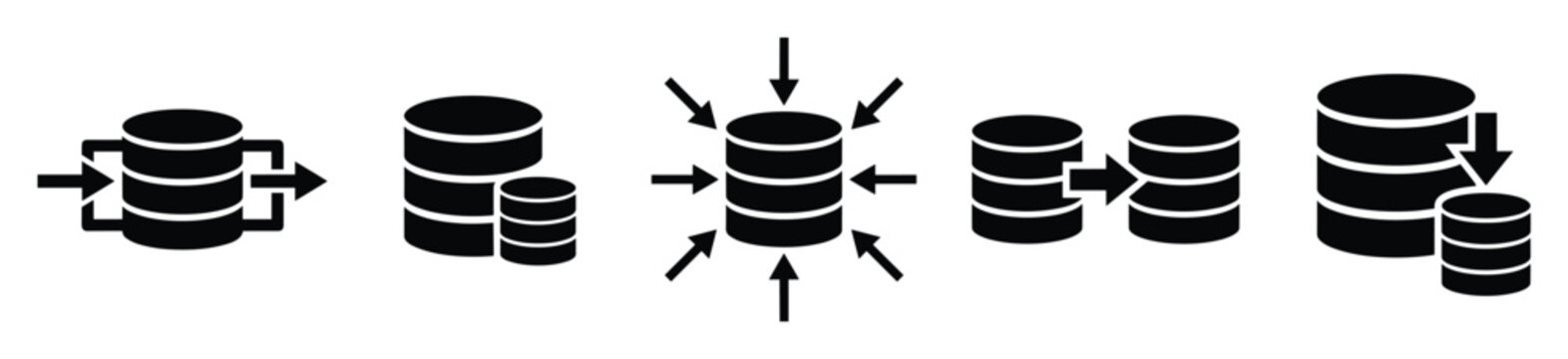 Database icons representing data flow, storage, integration, and migration processes for use in technology diagrams, software applications, and business infographics.